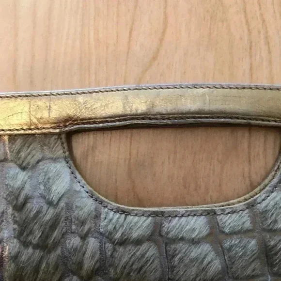 Nordstrom leather handbag/clutch. Animal print w/Gold leather + furry covering. - Picture 4 of 11